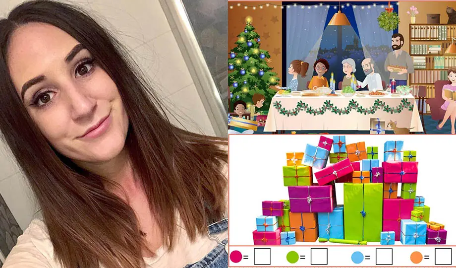 Kollage med tre bilder, en ung kvinna med långt mörkt hår, en tecknad bild över julfirande, färgglada julklappar
